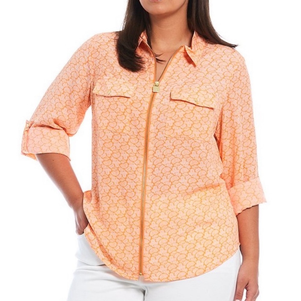 Michael Michael Kors women’s orange zippered pocket roll tab sleeves paisley